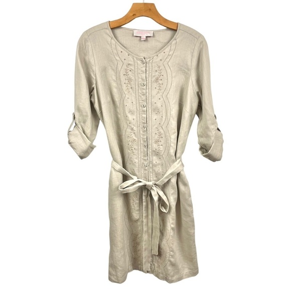 Gharani Strok Natural Tan 100% Linen Long Sleeve Button Front Dress Size S/ US 6 - Picture 1 of 7